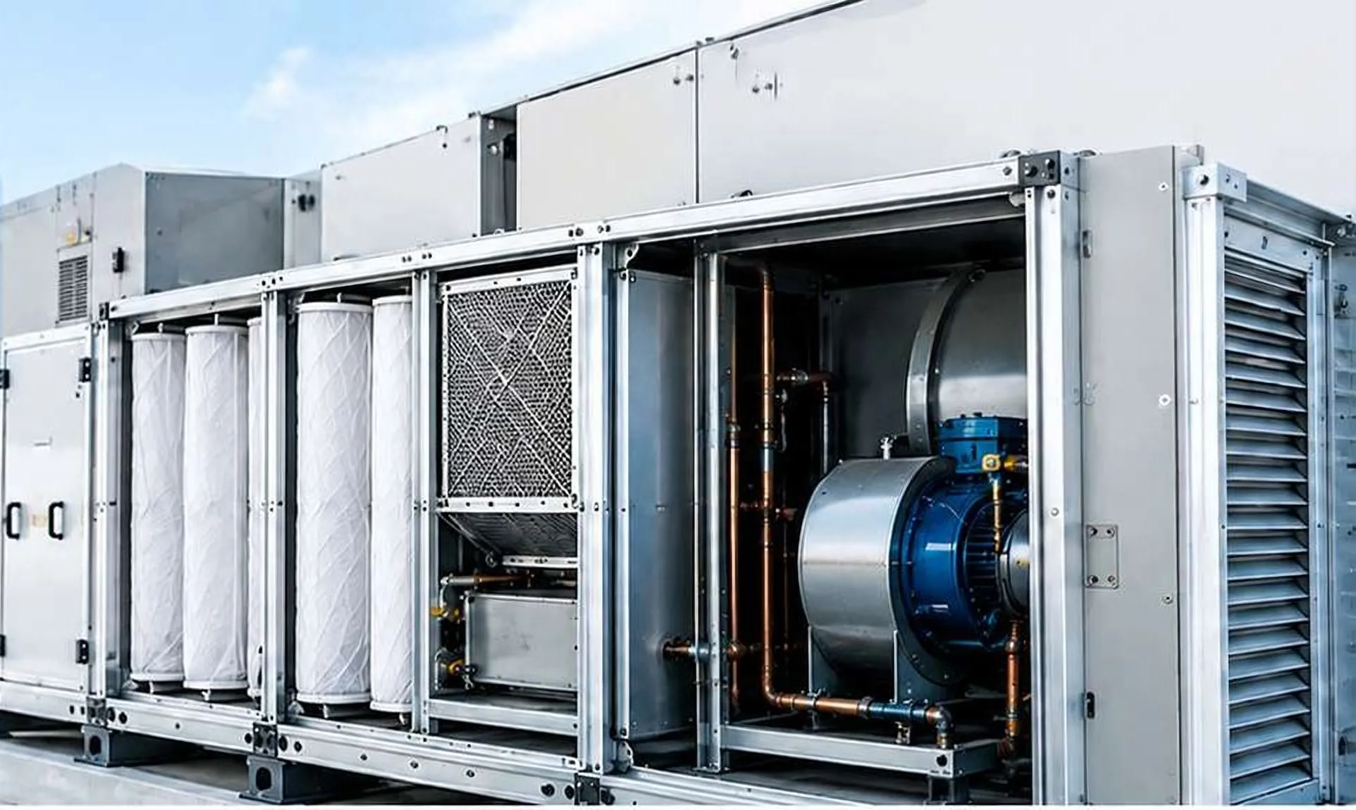 Fresh air handling unit with filters and fan section